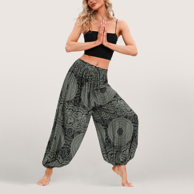 Olivenorma Flowy Boho Print Women's Elastic Waist Harem Pants