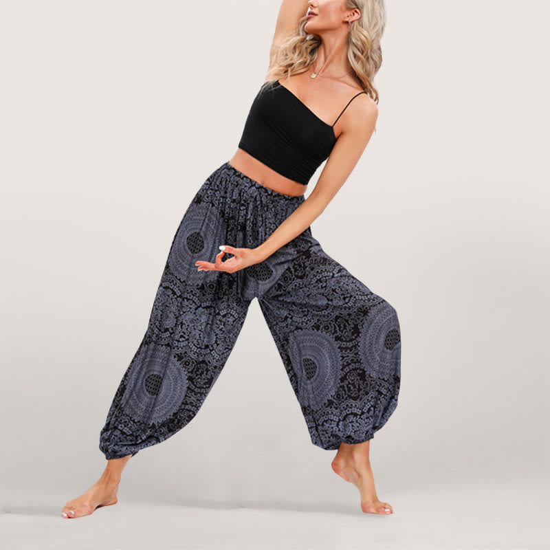 Olivenorma Flowy Boho Print Women's Elastic Waist Harem Pants