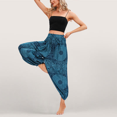 Olivenorma Flowy Boho Print Women's Elastic Waist Harem Pants
