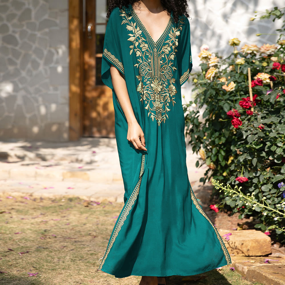 Olivenorma Beach Blouse Embroidered Vacation Kaftan Dress