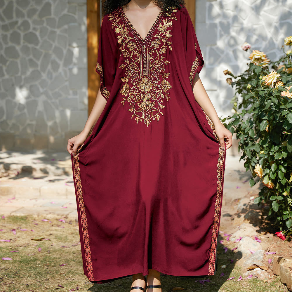 Olivenorma Beach Blouse Embroidered Vacation Kaftan Dress