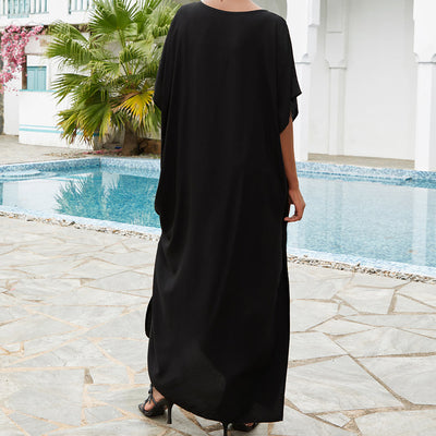 Olivenorma Beach Blouse Embroidered Flower Bird Kaftan Dress