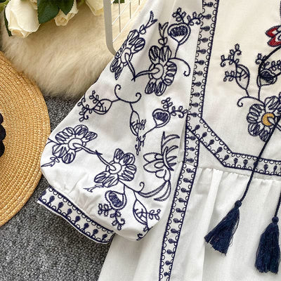 Olivenorma Boho Holiday Embroidery Lantern Sleeve Women's Shirt
