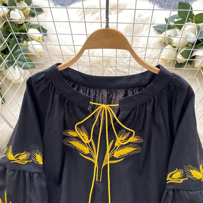 Olivenorma Golden Wheat Ear Embroidery Women's Shirt