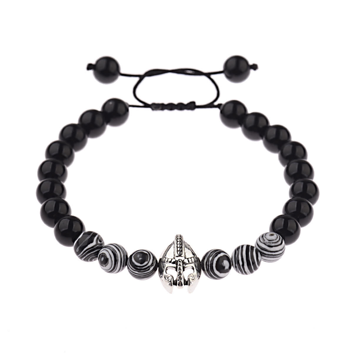 Olivenorma 8mm Adjustable Gemstone Spartan Warrior Helmet Bracelet - Obsidian+Zebra Resin Beads+Silver Helmet - image 24