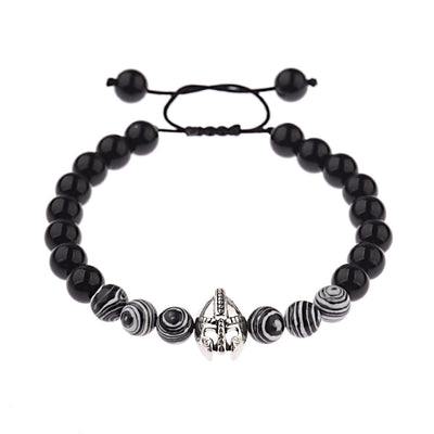 Olivenorma 8mm Adjustable Gemstone Spartan Warrior Helmet Bracelet - Obsidian+Zebra Resin Beads+Silver Helmet - image 24