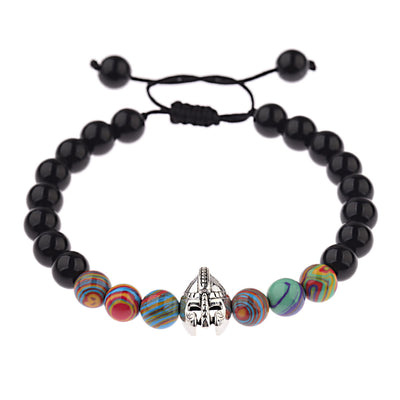 Olivenorma 8mm Adjustable Gemstone Spartan Warrior Helmet Bracelet - Obsidian+Rainbow Resin Beads+Silver Helmet - image 26