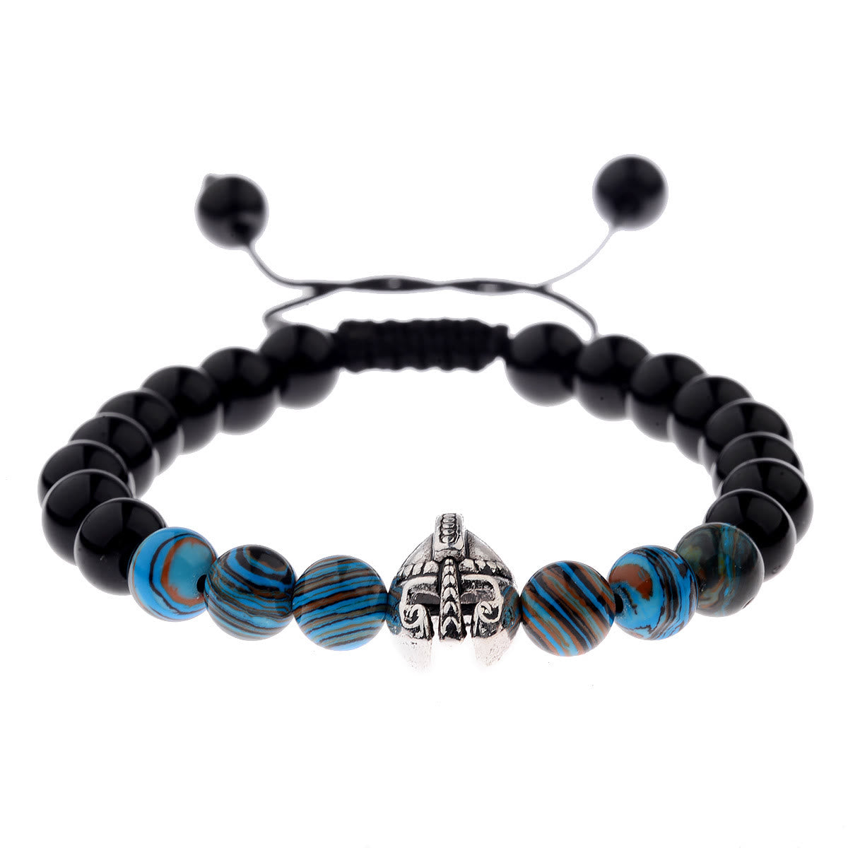 Olivenorma 8mm Adjustable Gemstone Spartan Warrior Helmet Bracelet - Obsidian+Blue Resin Beads+Silver Helmet - image 22