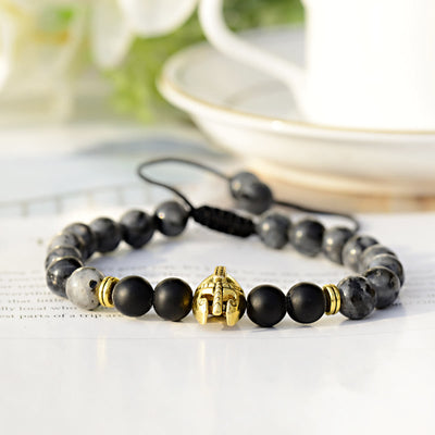 Olivenorma 8mm Adjustable Gemstone Spartan Warrior Helmet Bracelet - Grey Jasper+Black Onyx+Golden Helmet - image 5