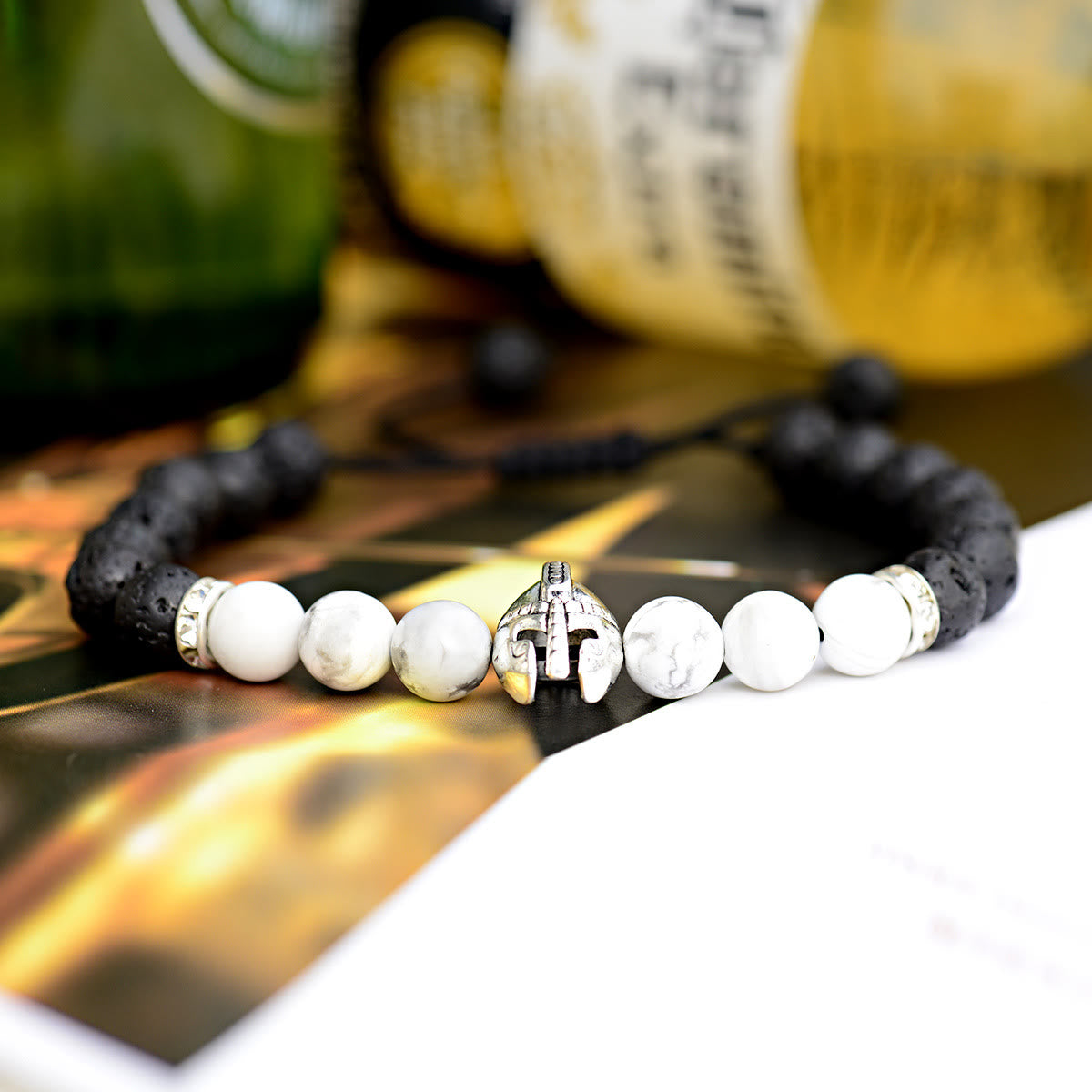 Olivenorma 8mm Adjustable Gemstone Spartan Warrior Helmet Bracelet - Lava Stone+Howlite+Silver Helmet - image 21