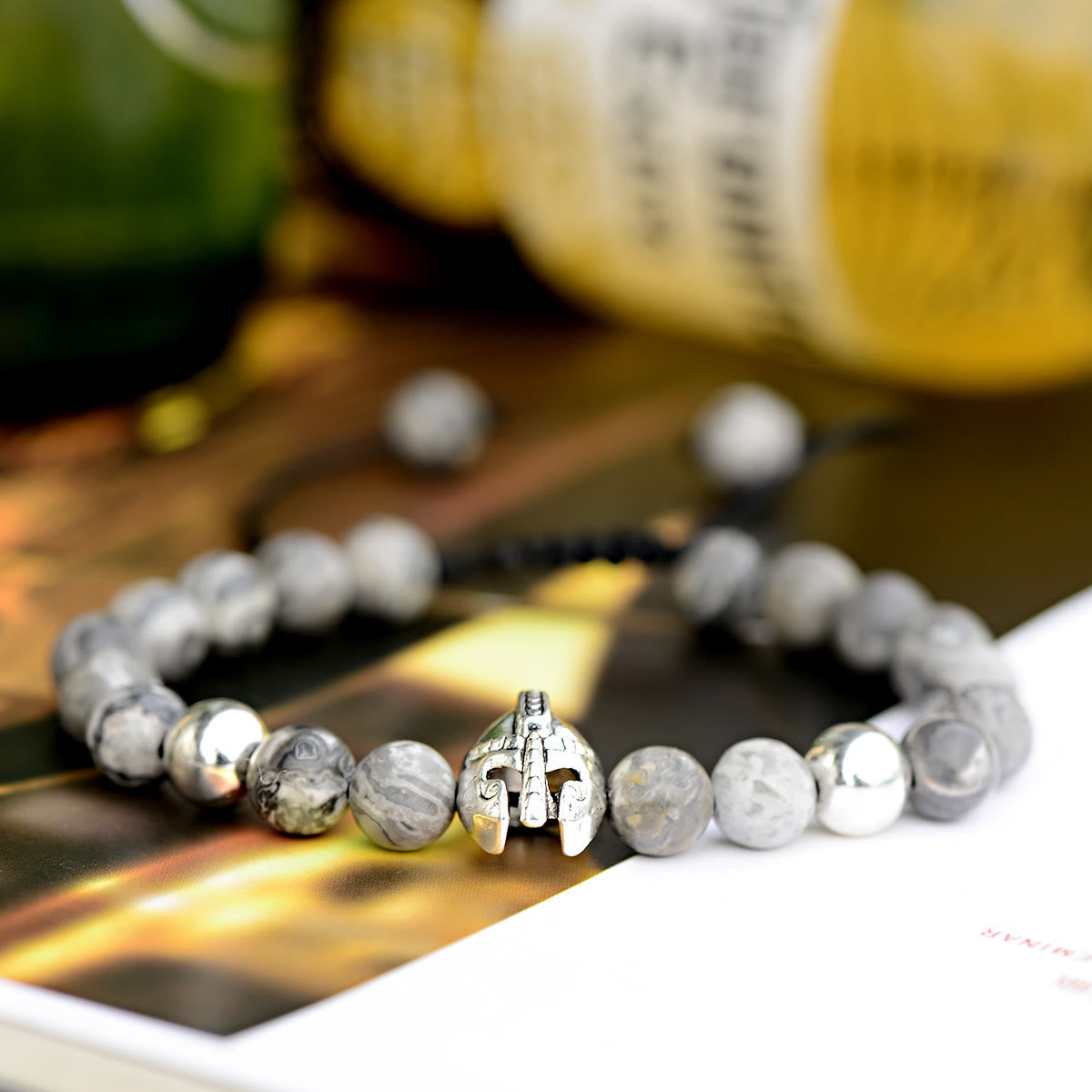 Olivenorma 8mm Adjustable Gemstone Spartan Warrior Helmet Bracelet - Grey Jasper+Silver Helmet - image 18