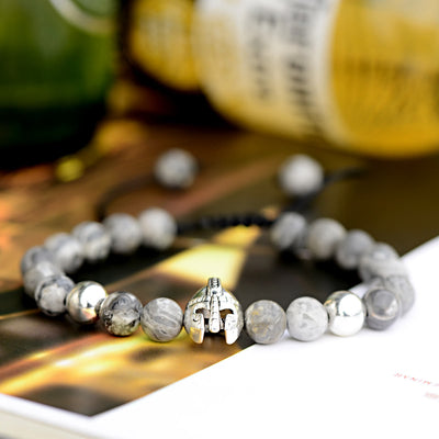 Olivenorma 8mm Adjustable Gemstone Spartan Warrior Helmet Bracelet - Grey Jasper+Silver Helmet - image 18