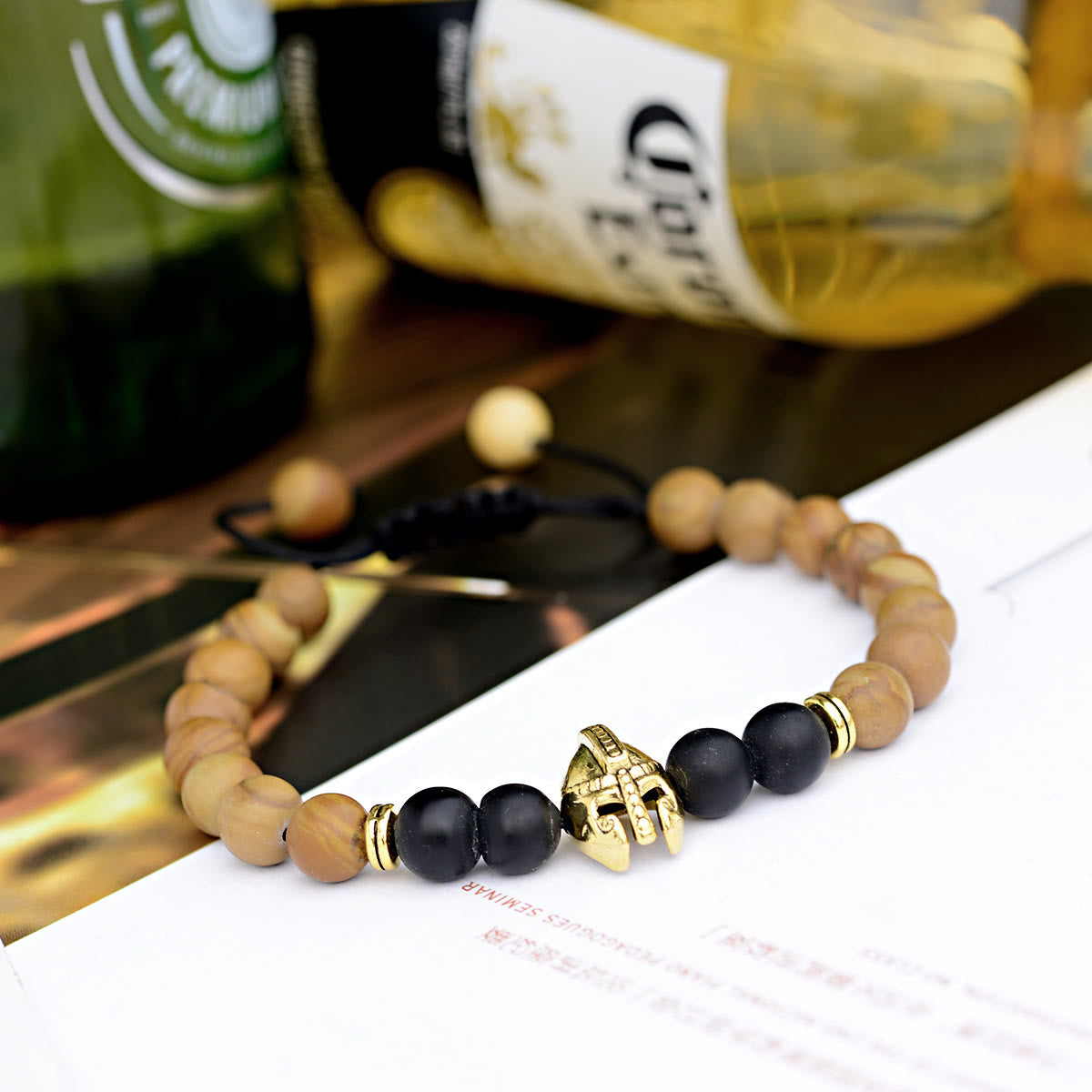 Olivenorma 8mm Adjustable Gemstone Spartan Warrior Helmet Bracelet - Picture Jasper+Black Onyx+Golden Helmet - image 11
