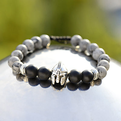 Olivenorma 8mm Adjustable Gemstone Spartan Warrior Helmet Bracelet - Grey Jasper+Black Onyx+Silver Helmet - image 16