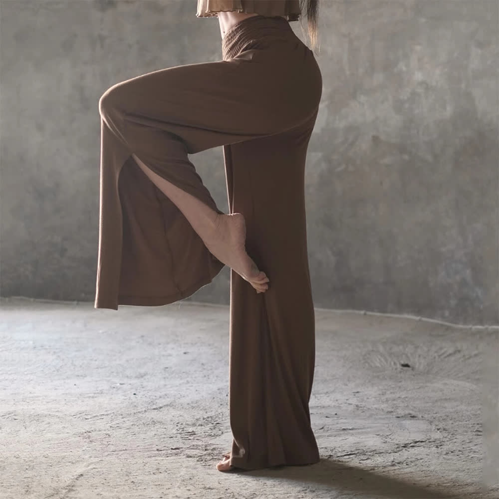 Olivenorma Cotton High-Waist Wide-Leg Slit Yoga Pants - Brown - One Size Fits All - image 5
