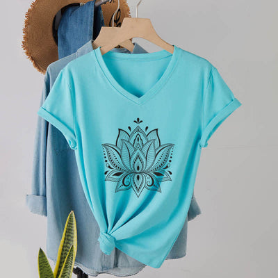 Olivenorma Mandala Lotus Flower V-Neck T-Shirt - Lake Blue - 2XL - image 24
