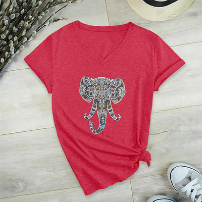 Olivenorma Women's Nature and Animal Elephant V-Neck T-Shirt - Red - 2XL - image 15