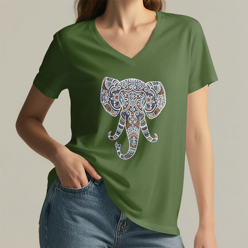 Olivenorma Women's Nature and Animal Elephant V-Neck T-Shirt - image 12