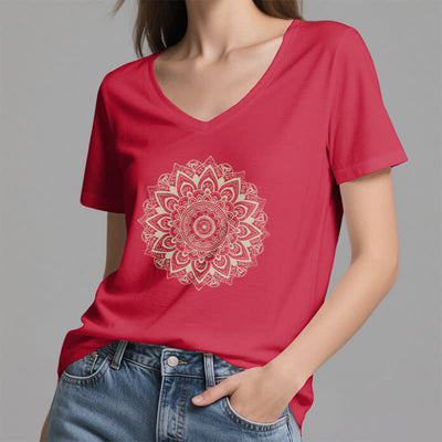 Olivenorma Lotus Flower Geometric Pattern Yoga V-Neck T-Shirt - image 22