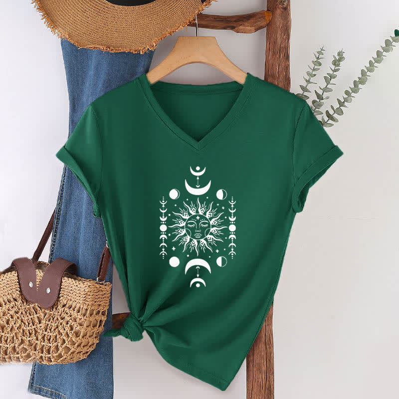 Olivenorma Sun And Moon Aesthetic Yoga V-Neck T-Shirt - Dark Green - 2XL - image 5