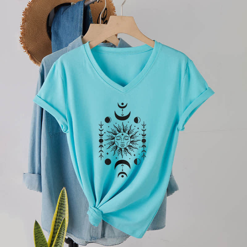 Olivenorma Sun And Moon Aesthetic Yoga V-Neck T-Shirt - Lake Blue - 2XL - image 23