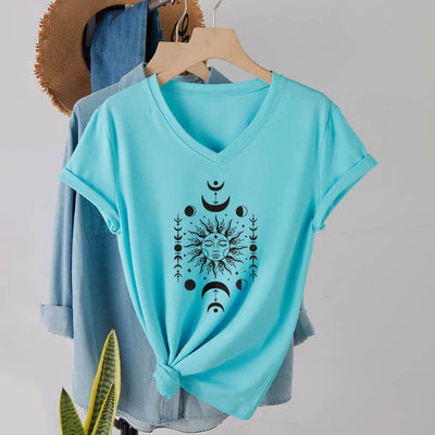 Olivenorma Sun And Moon Aesthetic Yoga V-Neck T-Shirt - Lake Blue - 2XL - image 23
