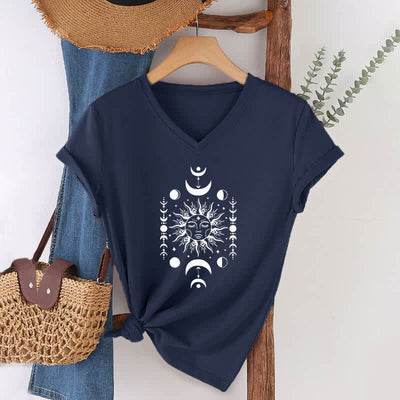 Olivenorma Sun And Moon Aesthetic Yoga V-Neck T-Shirt - Navy Blue - 2XL - image 3