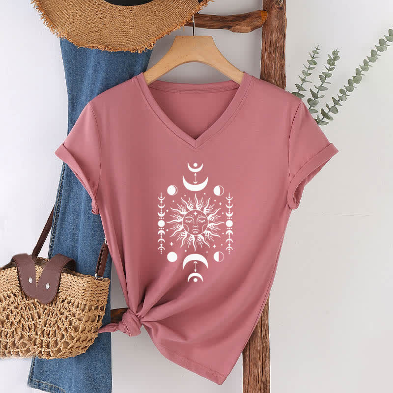 Olivenorma Sun And Moon Aesthetic Yoga V-Neck T-Shirt - Pink - 2XL - image 17