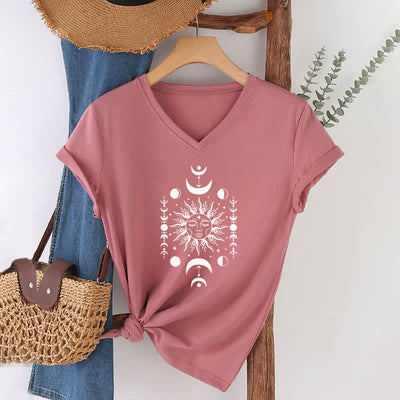 Olivenorma Sun And Moon Aesthetic Yoga V-Neck T-Shirt - Pink - 2XL - image 17