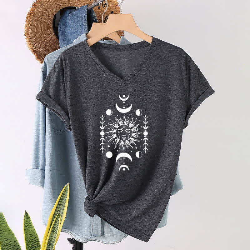 Olivenorma Sun And Moon Aesthetic Yoga V-Neck T-Shirt - Gray - 2XL - image 9