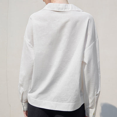 Olivenorma Solid White V-Neck Roll Up Sleeve Linen Blouse Women Shirt - image 3