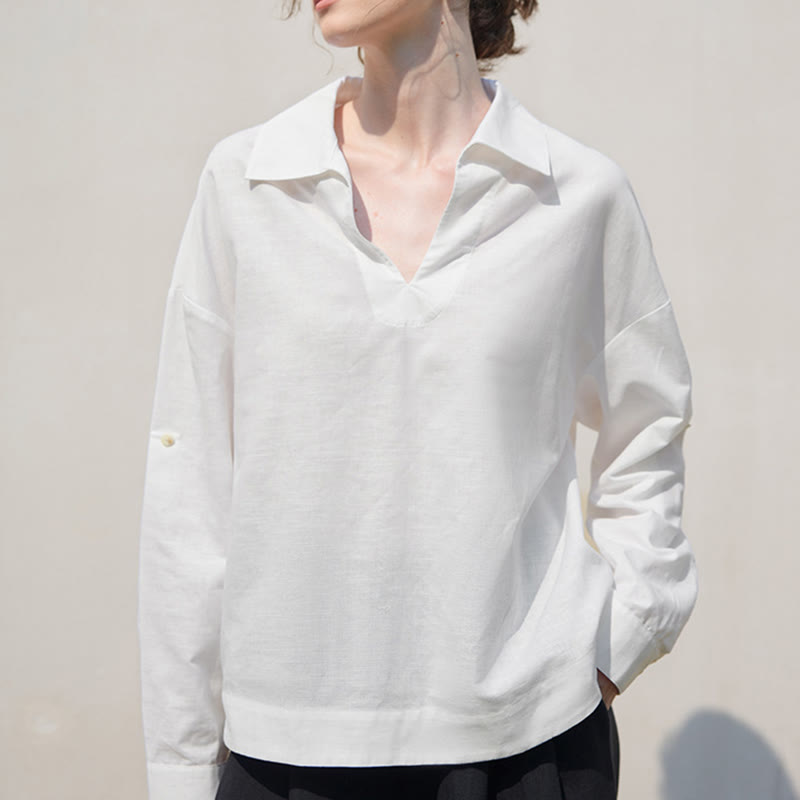 Olivenorma Solid White V-Neck Roll Up Sleeve Linen Blouse Women Shirt - L - image 0