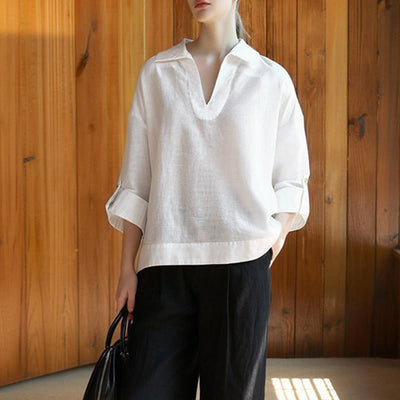 Olivenorma Solid White V-Neck Roll Up Sleeve Linen Blouse Women Shirt - image 4