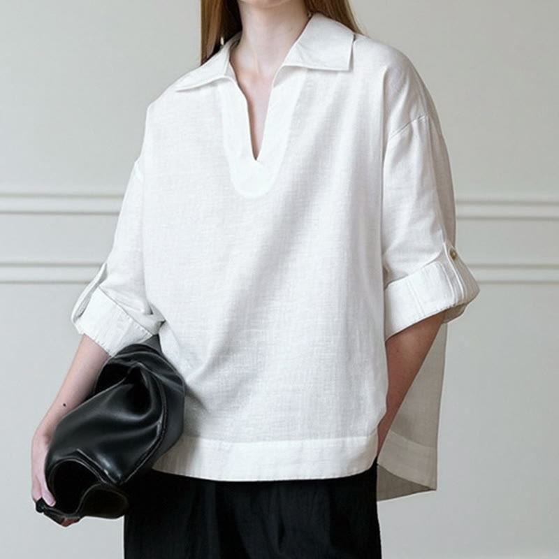 Olivenorma Solid White V-Neck Roll Up Sleeve Linen Blouse Women Shirt - image 5