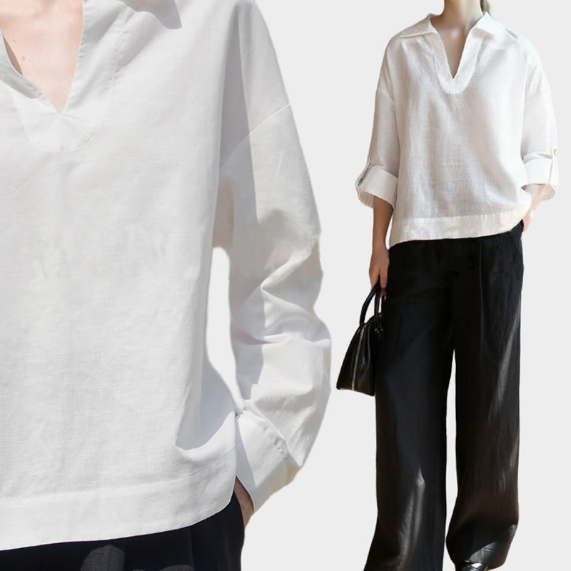 Olivenorma Solid White V-Neck Roll Up Sleeve Linen Blouse Women Shirt - image 6