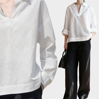 Olivenorma Solid White V-Neck Roll Up Sleeve Linen Blouse Women Shirt - image 6