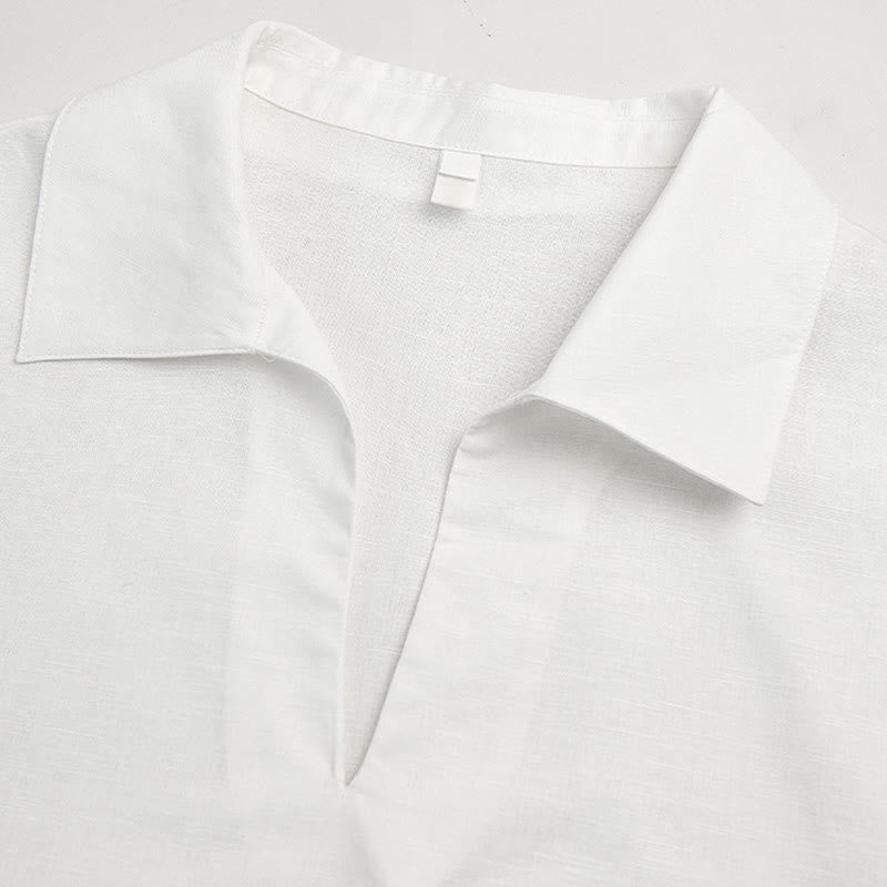 Olivenorma Solid White V-Neck Roll Up Sleeve Linen Blouse Women Shirt - image 7