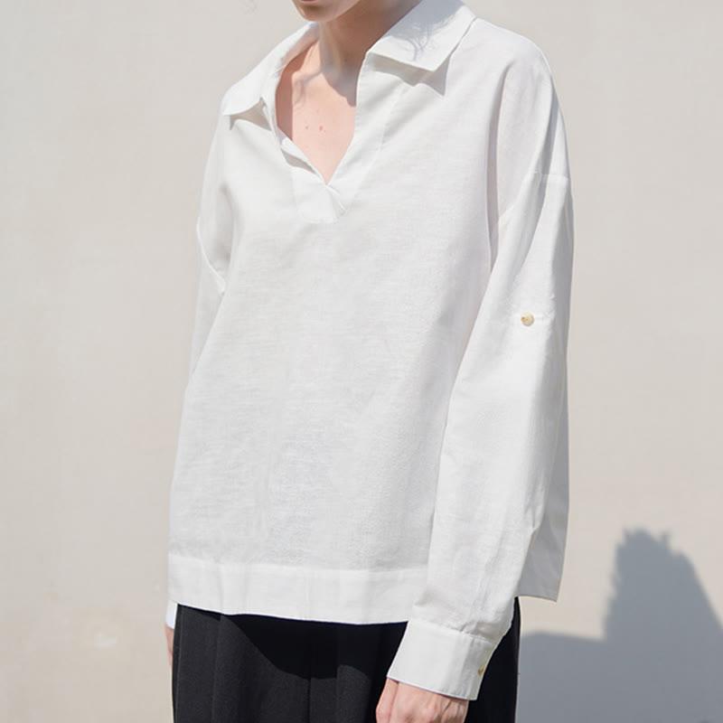 Olivenorma Solid White V-Neck Roll Up Sleeve Linen Blouse Women Shirt - image 2