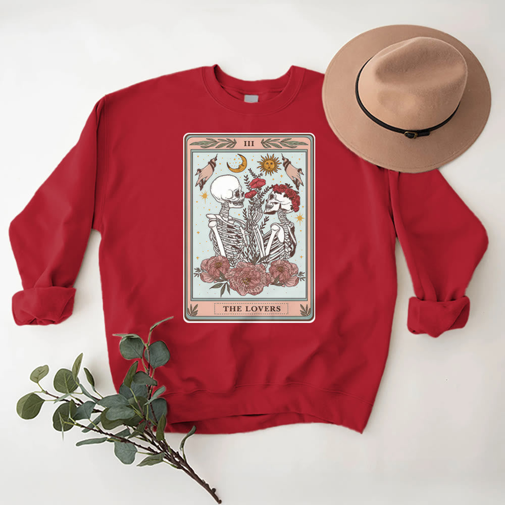 Olivenorma THE LOVER Skull Tarot Card Loose Fit Fleece Pullover Crewneck Sweatshirt - Red - 2XL - image 11