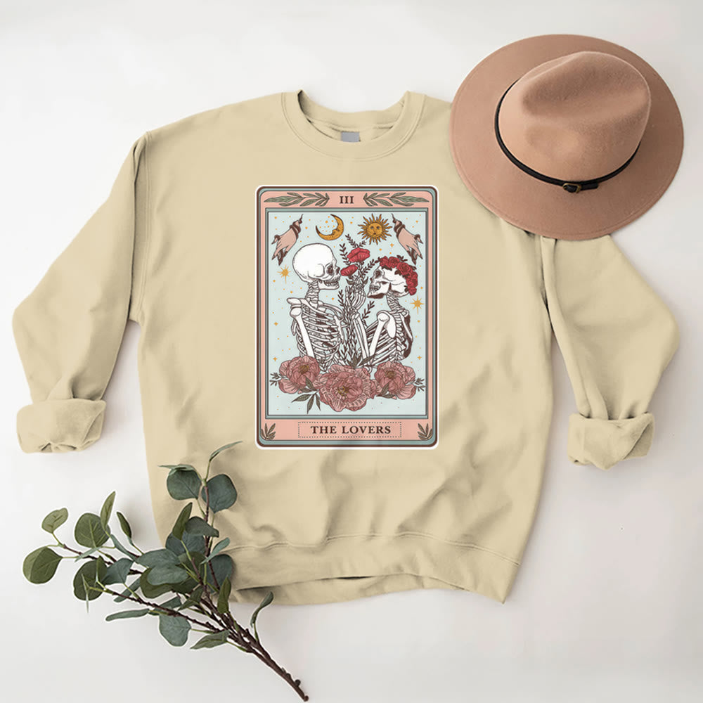 Olivenorma THE LOVER Skull Tarot Card Loose Fit Fleece Pullover Crewneck Sweatshirt - LightYellow - 2XL - image 0