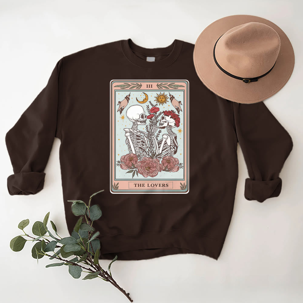 Olivenorma THE LOVER Skull Tarot Card Loose Fit Fleece Pullover Crewneck Sweatshirt - Brown - 2XL - image 9
