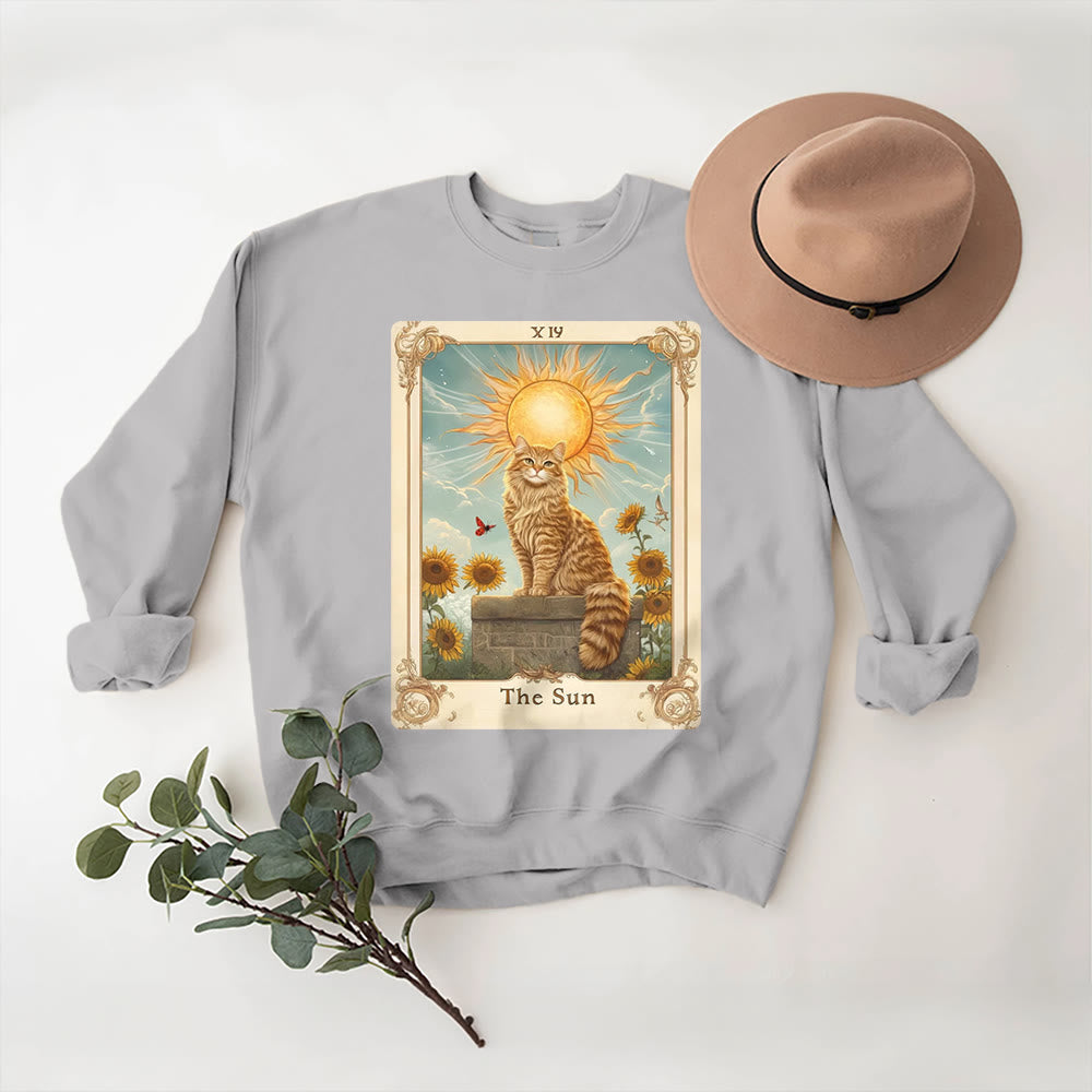 Olivenorma THE SUN Tarot Card Cat King Sunflowers Fleece Pullover Sweatshirt - Grey - 2XL - image 3