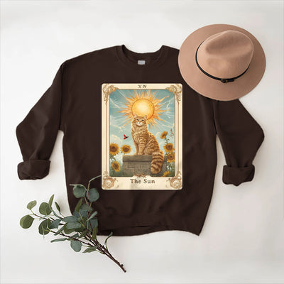 Olivenorma THE SUN Tarot Card Cat King Sunflowers Fleece Pullover Sweatshirt - Brown - 2XL - image 0