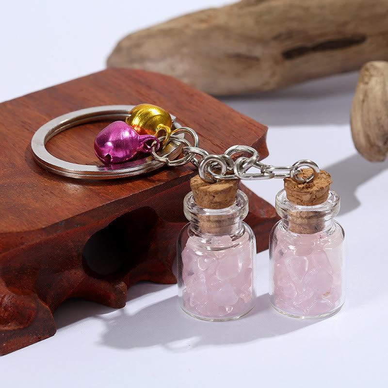 Olivenorma Natural Crystal Chips in Mini Glass Bottle Keychain with Bells - Pink Crystal - image 5