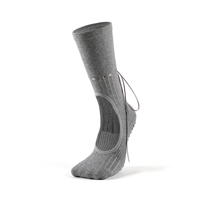 Olivenorma Ribbon Drawstring Non-Slip Backless Fitness Yoga Socks - Gray - 3Pairs - image 13