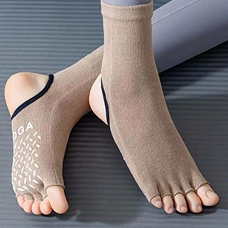 Olivenorma Women´s Open-Toe Non-Slip Five-Toe Yoga Socks - Khaki - 4 Pairs - image 6