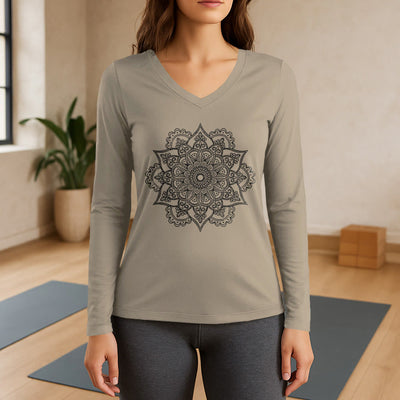 Olivenorma Colorful Lotus Elephant Printed Long Sleeve V-Neck T-Shirt - Khaki - 3XL - image 17