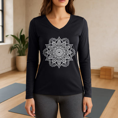 Olivenorma Colorful Lotus Elephant Printed Long Sleeve V-Neck T-Shirt - Black - 3XL - image 9
