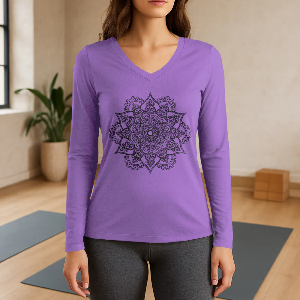 Olivenorma Colorful Lotus Elephant Printed Long Sleeve V-Neck T-Shirt - Purple - 3XL - image 14