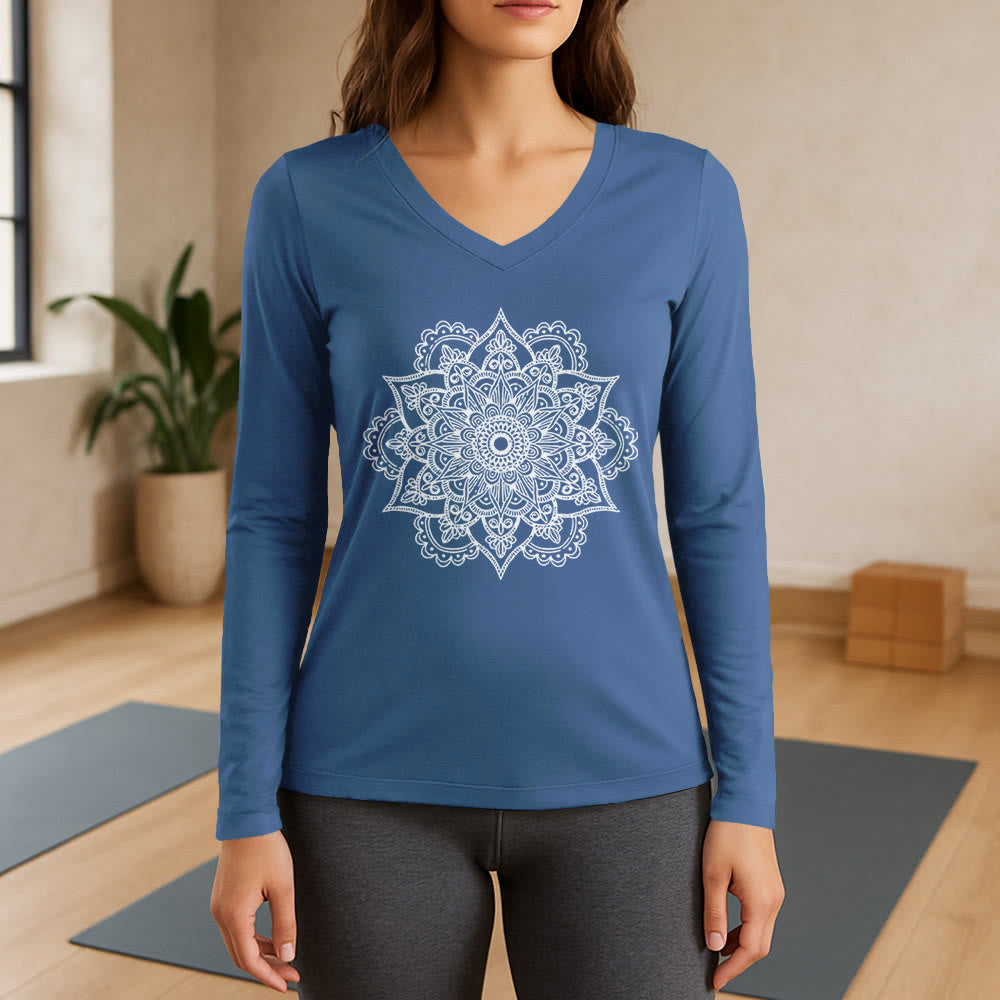 Olivenorma Colorful Lotus Elephant Printed Long Sleeve V-Neck T-Shirt - Blue - 3XL - image 0